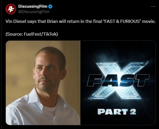 范迪塞尔确认布莱恩回归《速激11》！终章重返洛杉矶